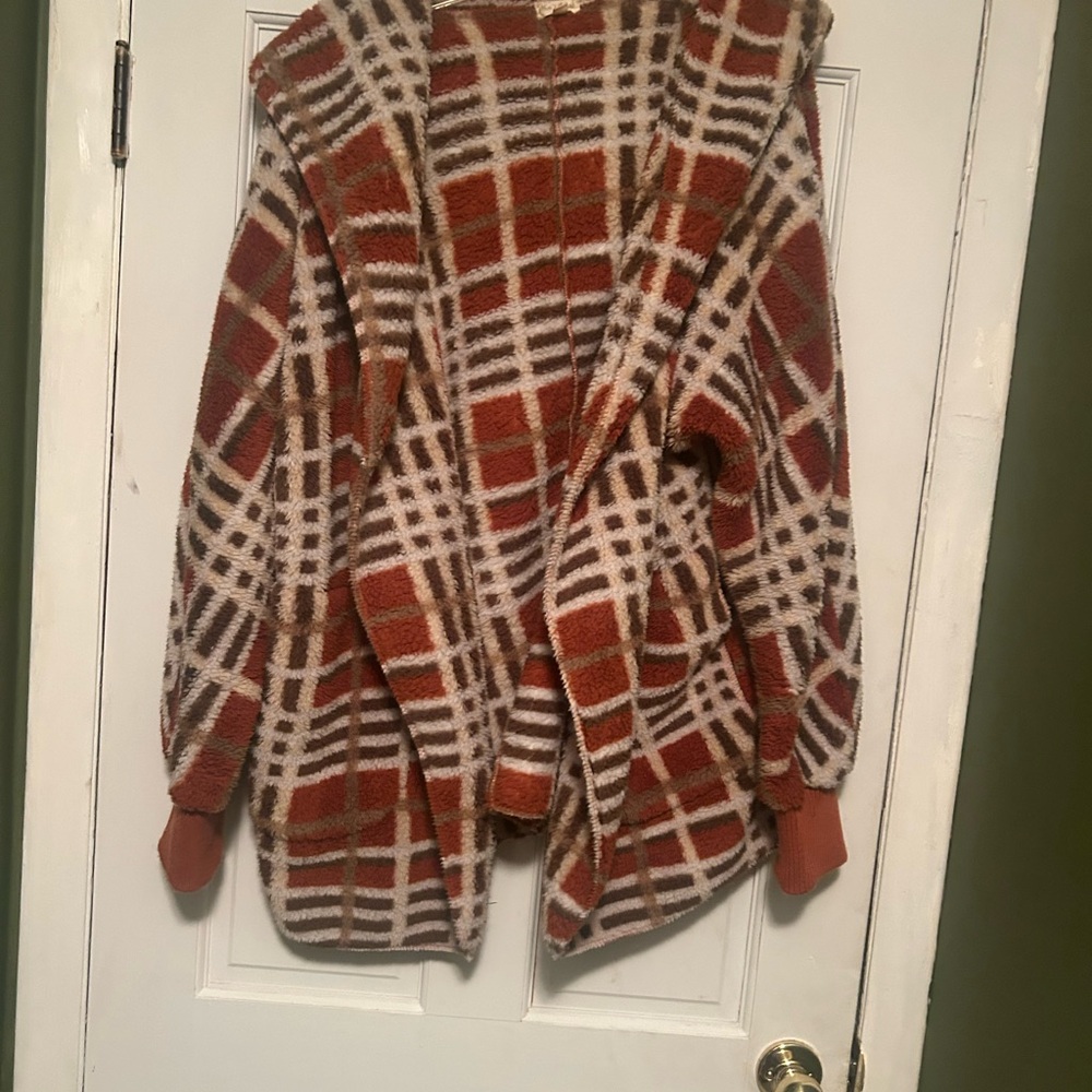 Ladies Cozy Brown and Orange Plaid Cardigan Sweater Jacket